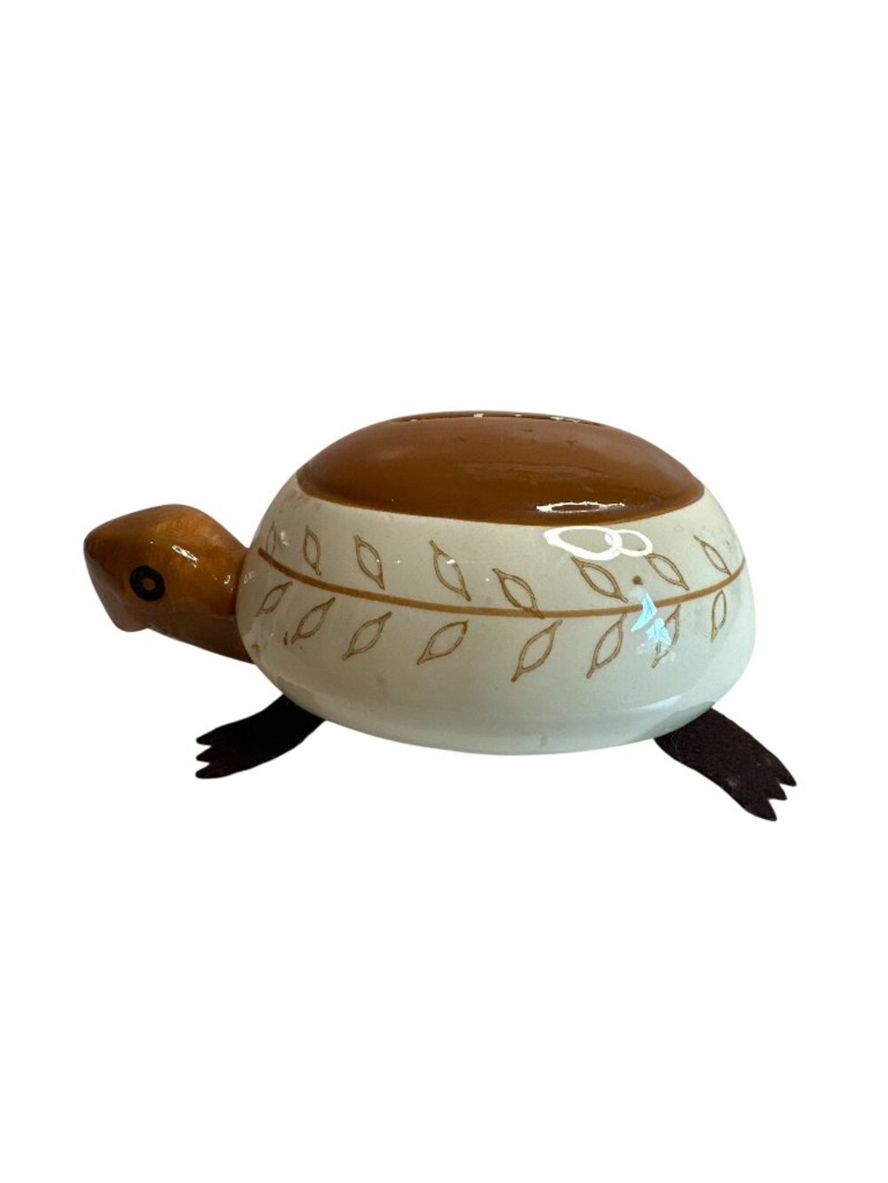 Vintage Ceramic Turtle Coin Bank Brown & Cream Handmade Japan 1960s Home Decor